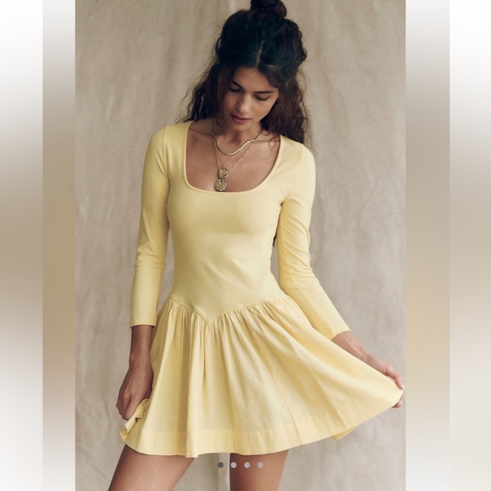 Free People Onda Drop Waist Long Sleeve Mini Dress-Yellow